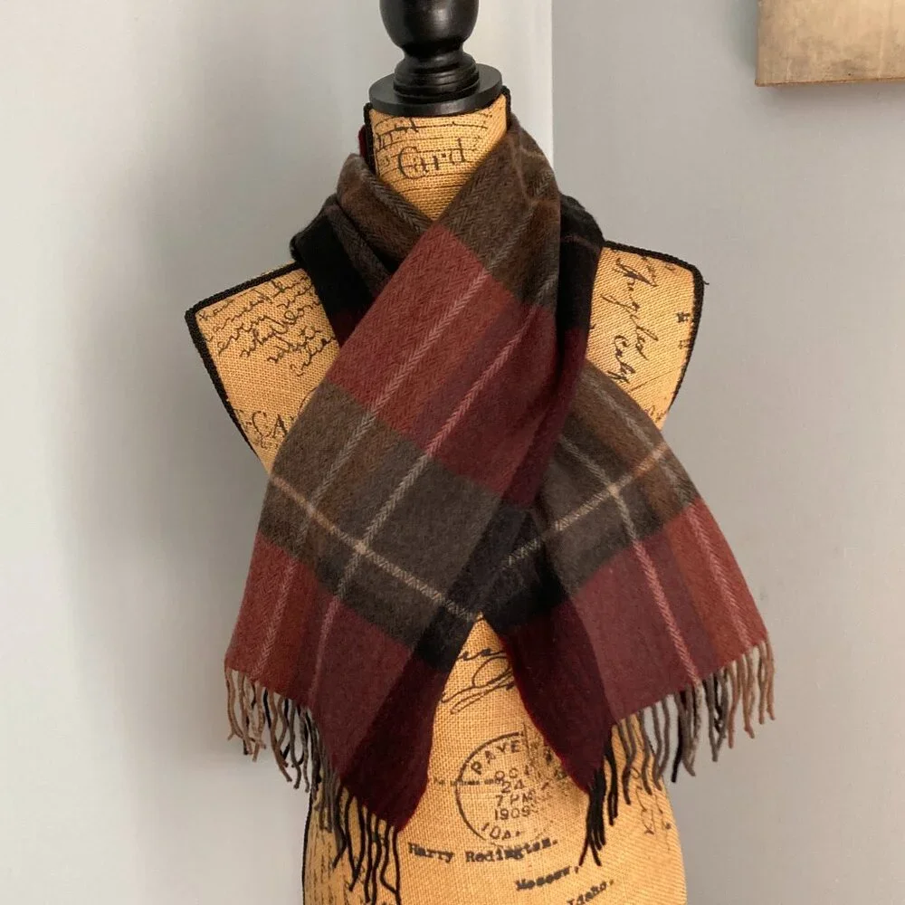100% Cashmere Long Scarf Black Gray Maroon Plaid EUC